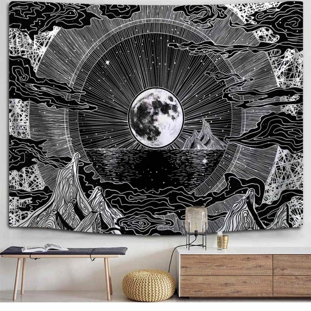 Moon Mountians Tapestry Black and White Wall Hanging Art 51x60 Inches